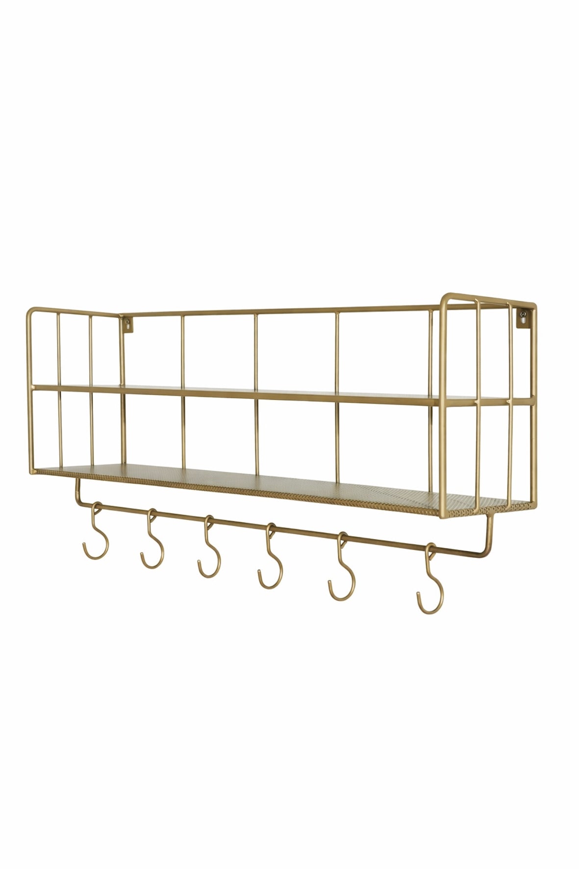 Industrial Wall Shelf with Hooks - Antique Brass - white background