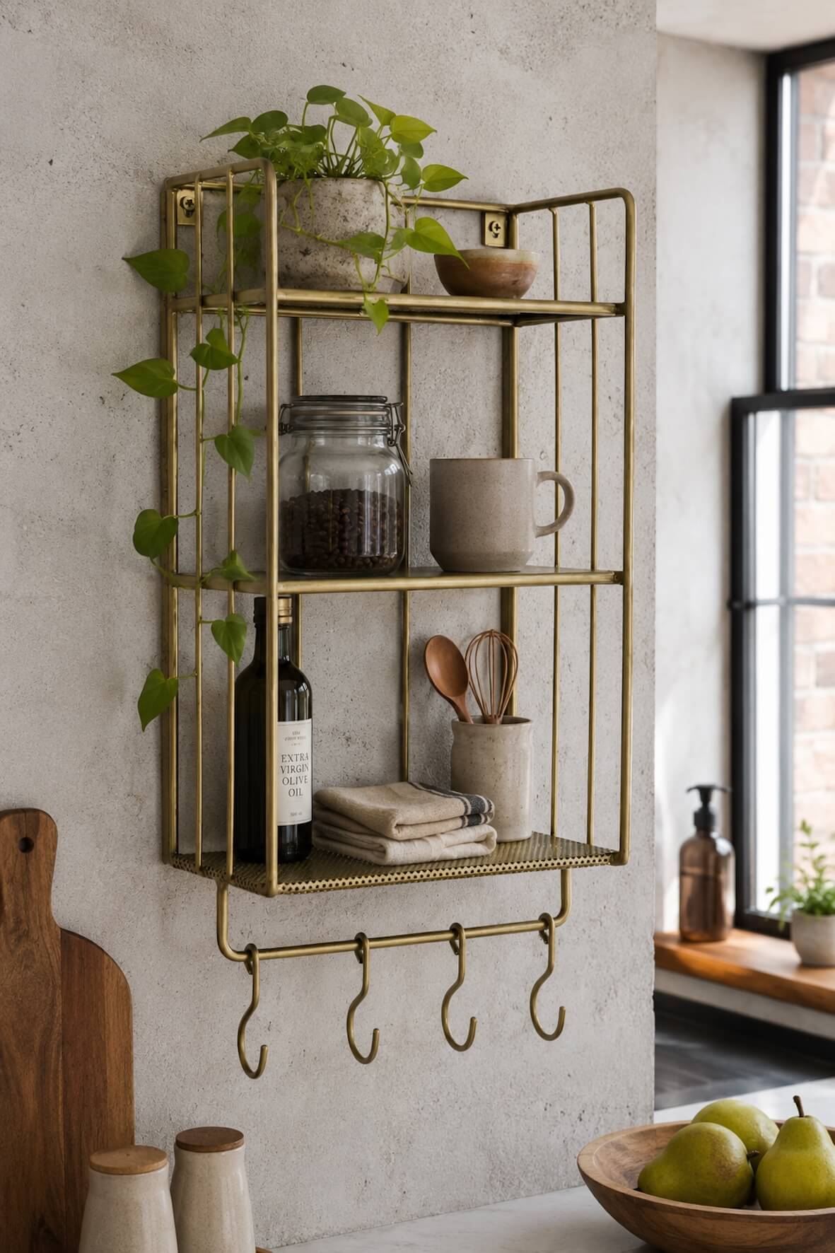 Industrial Wall Shelf with Hooks - Narrow - Antique Brass
