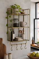 Industrial Wall Shelf with Hooks - Narrow - Antique Brass
