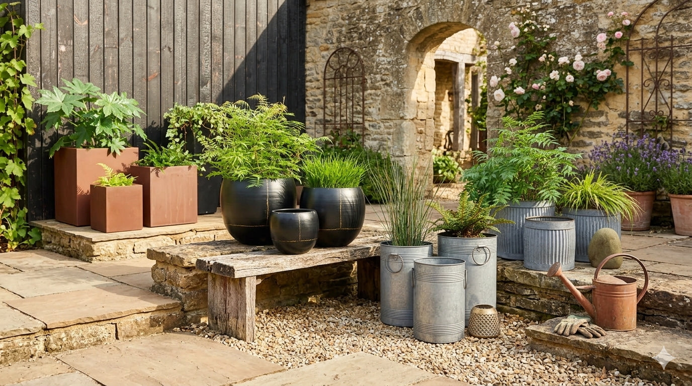Galvanised and rusty planters of different sizes in a courtyard garden.