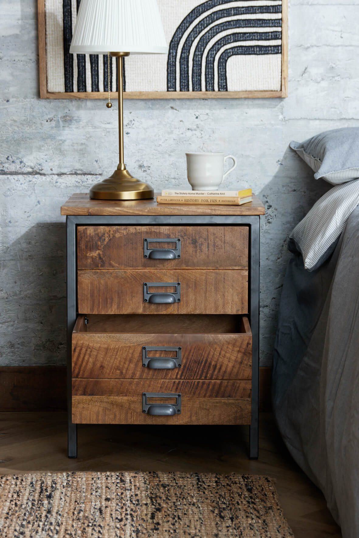 Rustic Saw Cut Bedside Table drawer open