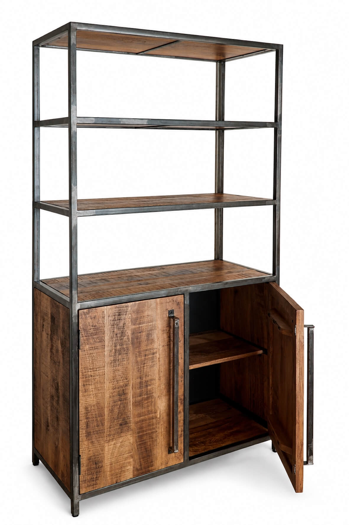 Saw Cut Bookcase with Cupboard-Distressed - door open on a white background