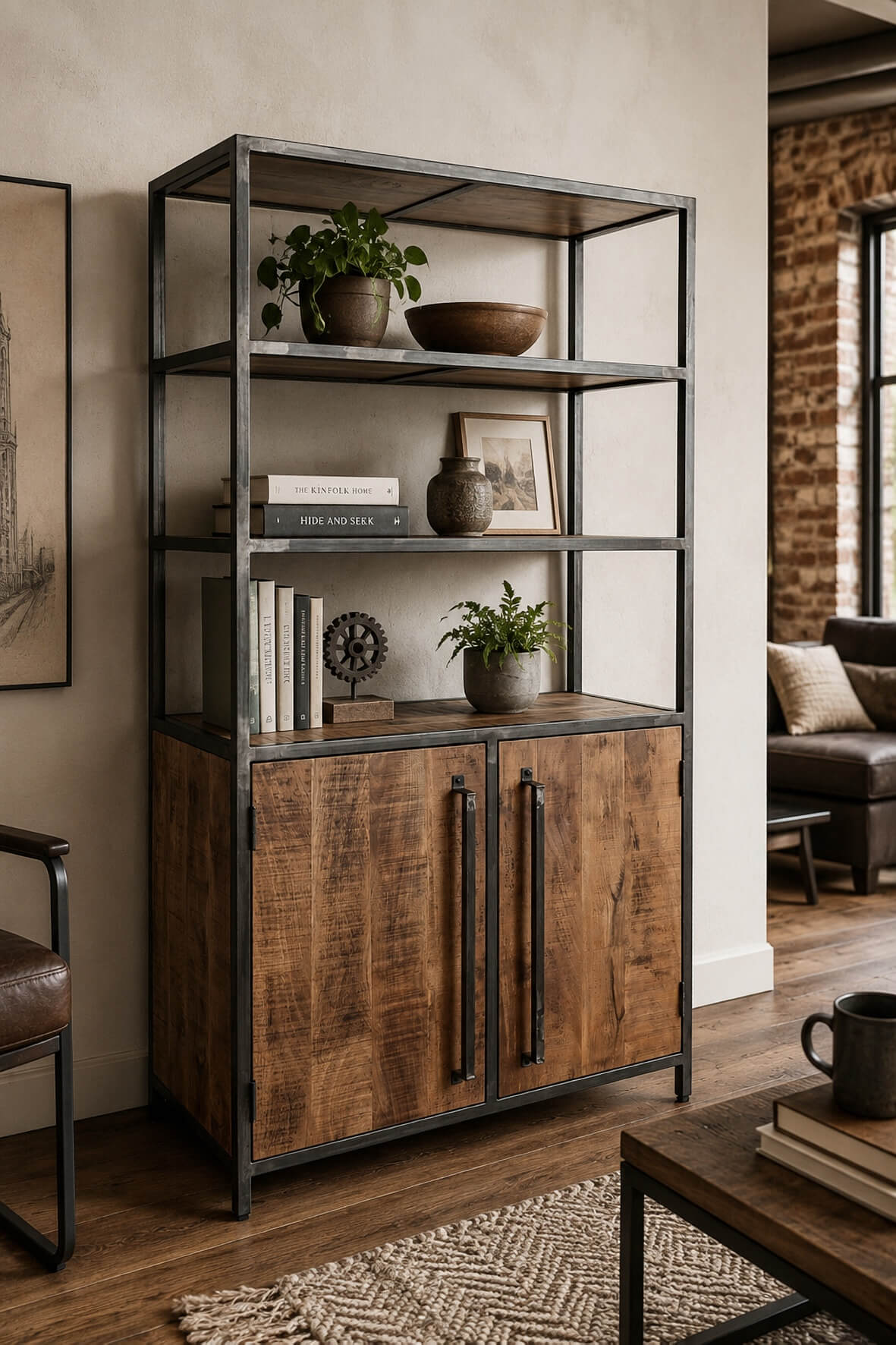 Saw Cut Bookcase with Cupboard-Distressed