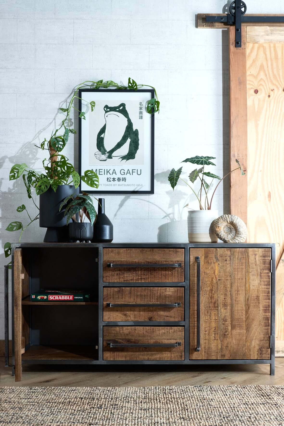 Saw Cut Sideboard with Cupboards and Drawers - Distressed door open
