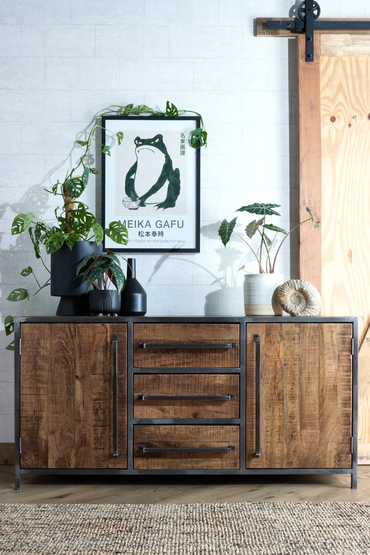Saw Cut Sideboard with Cupboards and Drawers - Distressed