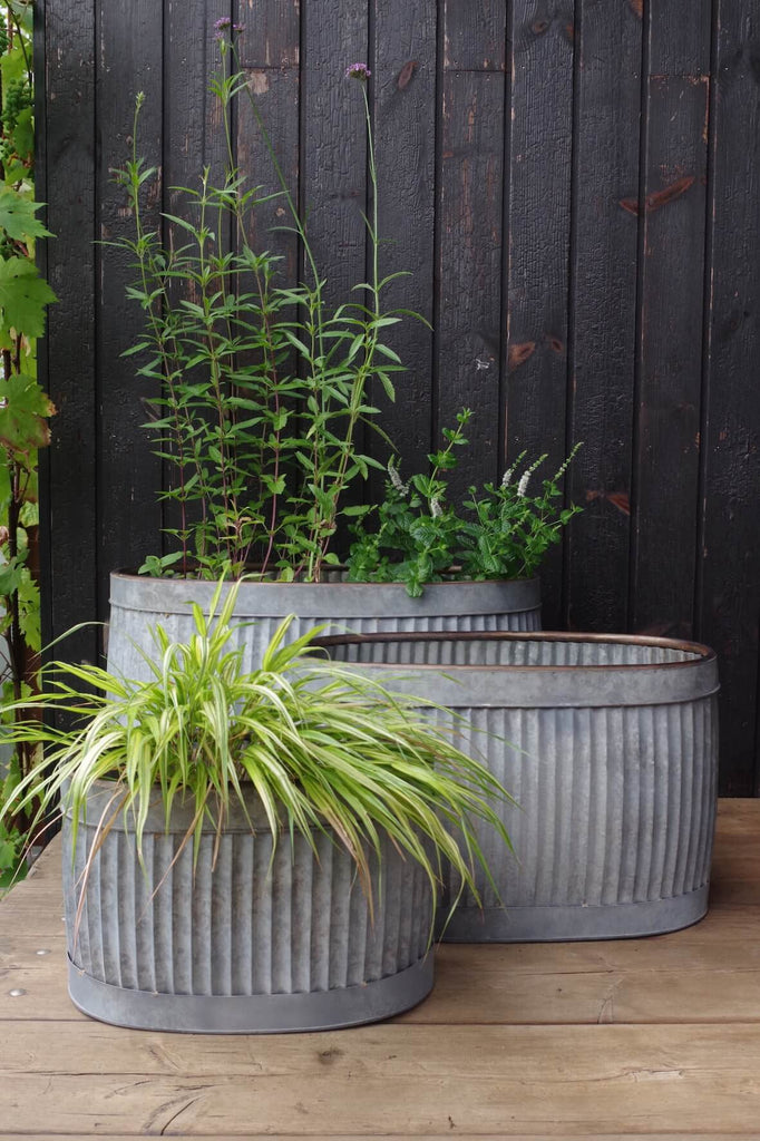 Galvanised Fluted Oval Planters - Set of 3
