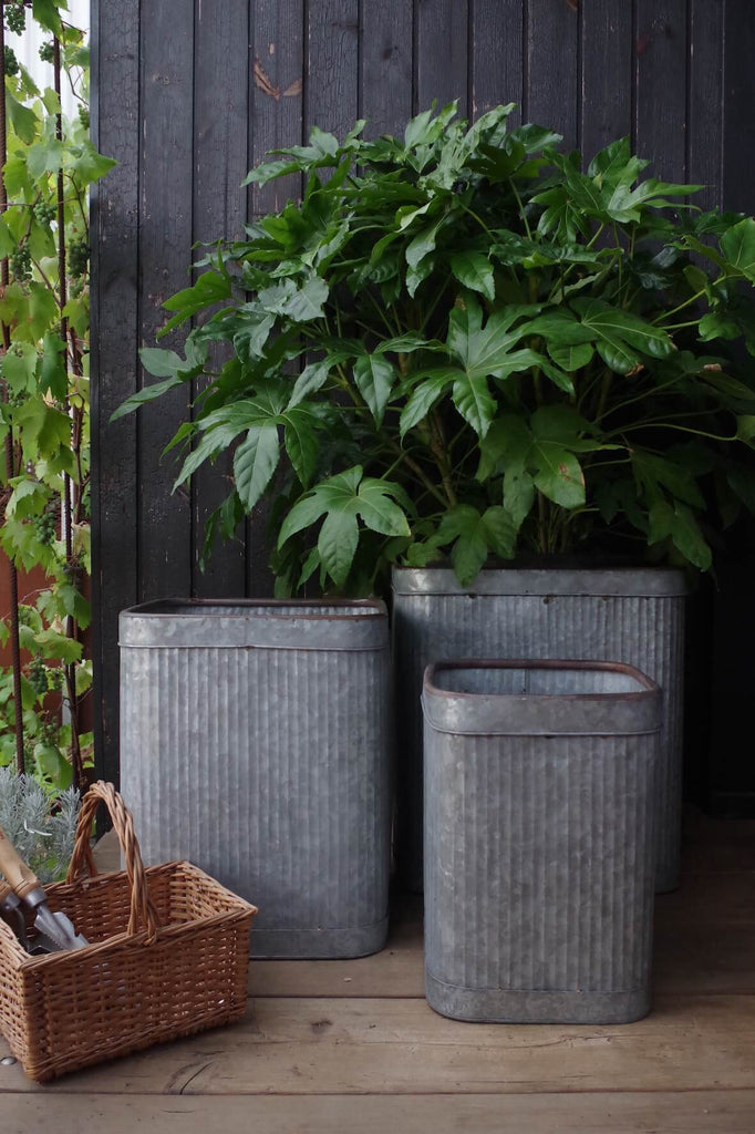 Galvanised Fluted Tall Square Planters - Set of 3