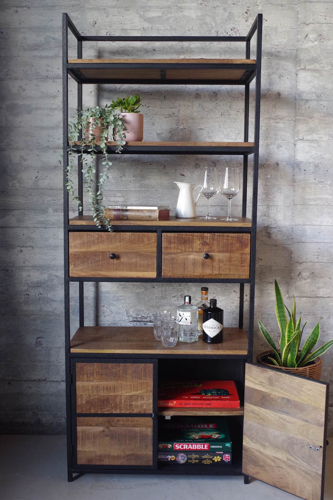 Industrial Bookcase with Cupboard and Drawers, Solid Wood, Black Metal Frame, 200cm x 80cm