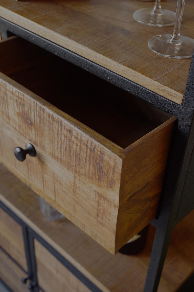 Industrial Bookcase with Cupboard and Drawers, Solid Wood, Black Metal Frame, 200cm x 80cm