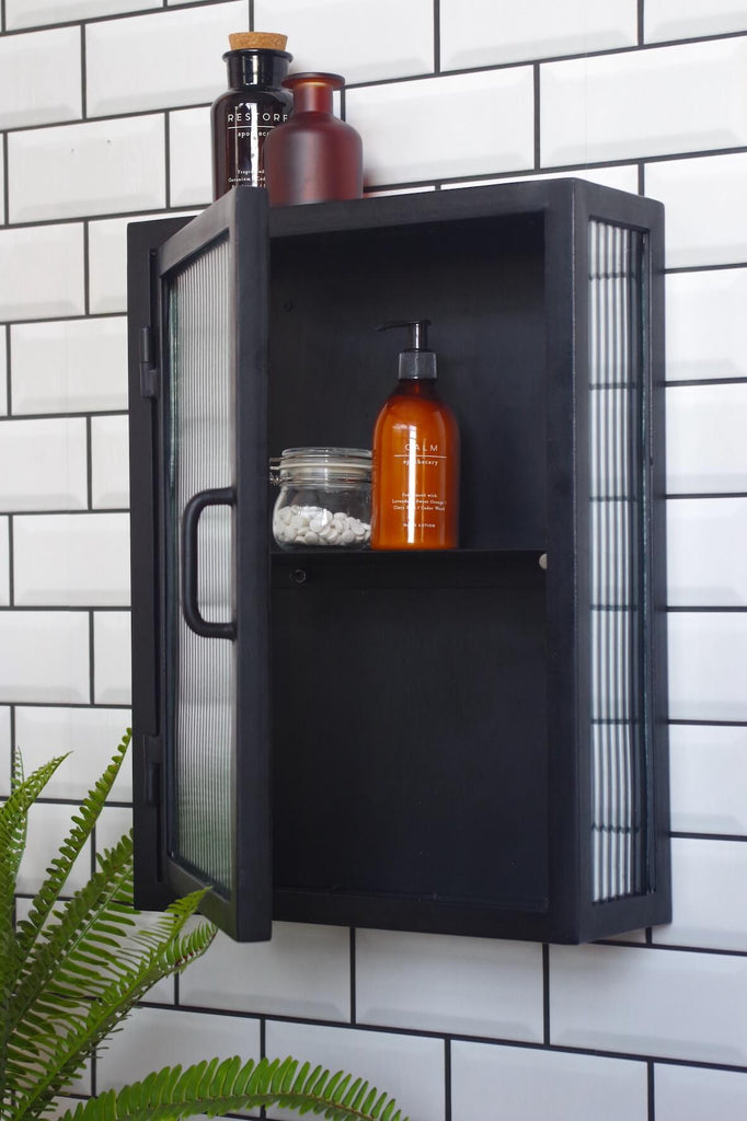Black Industrial Fluted Glass Bathroom Cabinet, Metal Frame, 48cm x 35cm