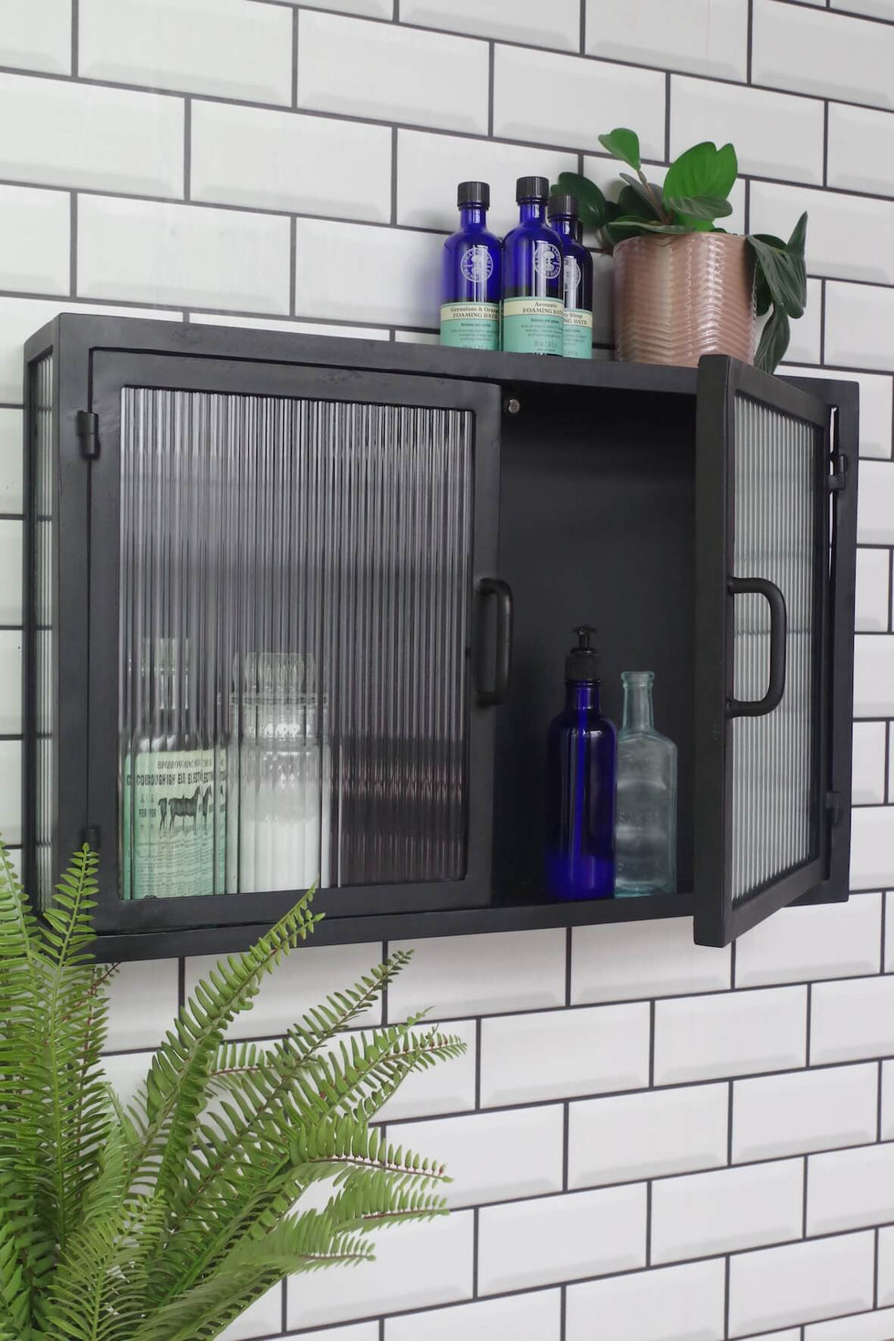 Fluted Glass Double Door Wall Cabinet Matt Black | Vincent and Barn