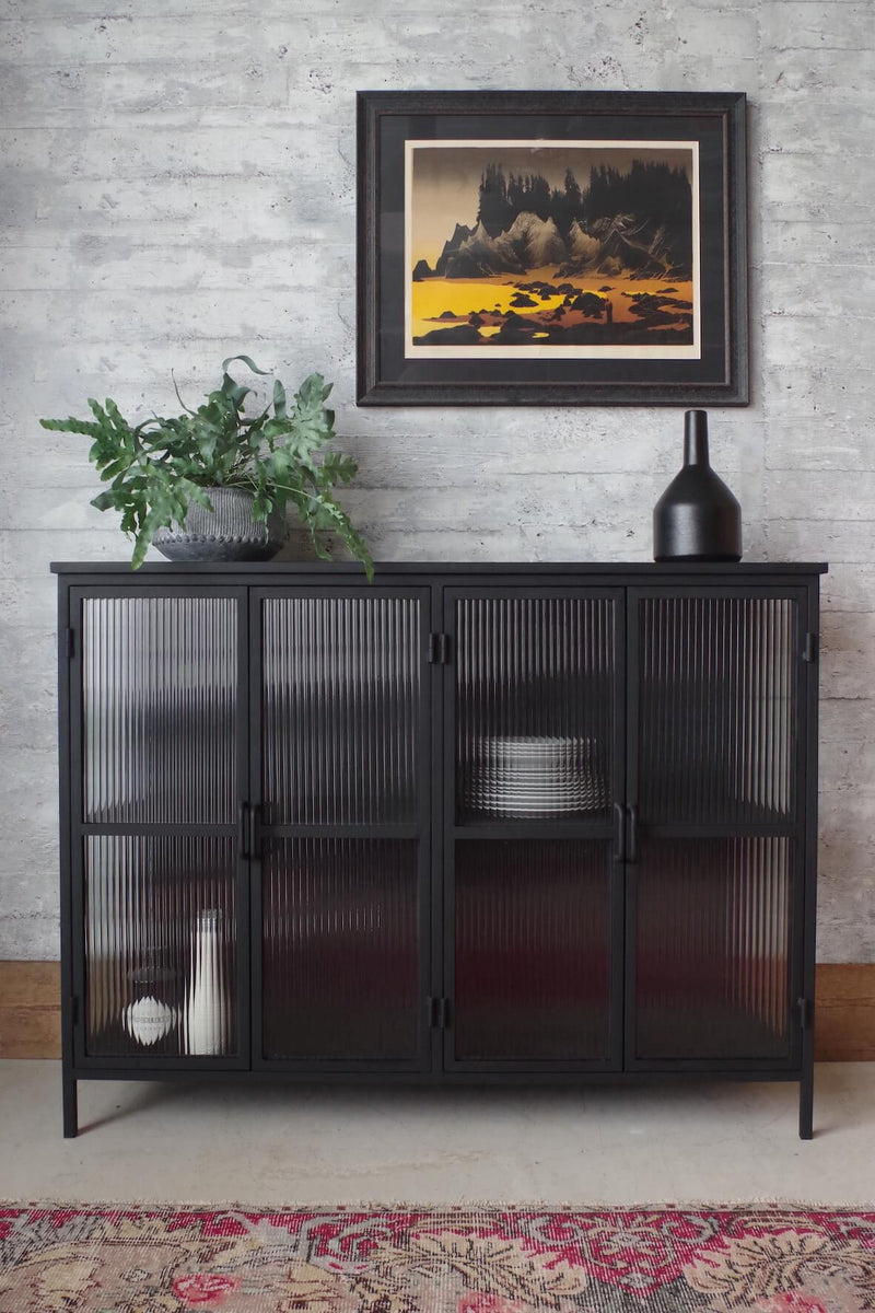 Reeded Glass Sideboard | Industrial Style Matt Black Metal Cabinet with ...
