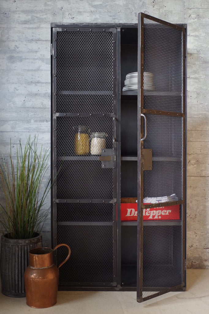 Industrial grey Mesh Cupboard with 3 shelves and lockable doors.