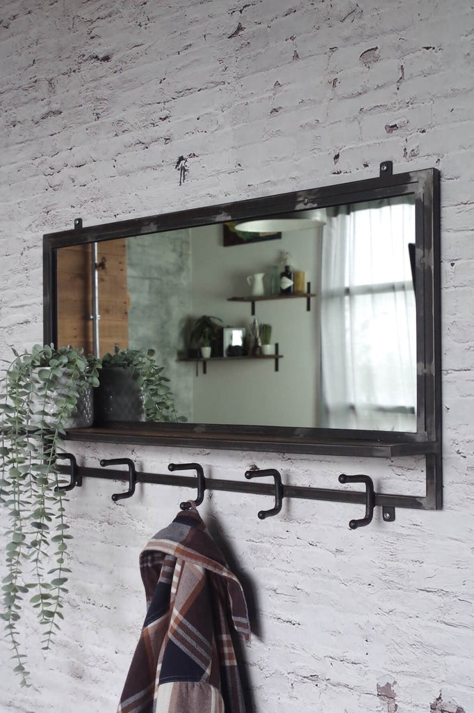 Industrial Mirror Shelf with Hooks - Distressed