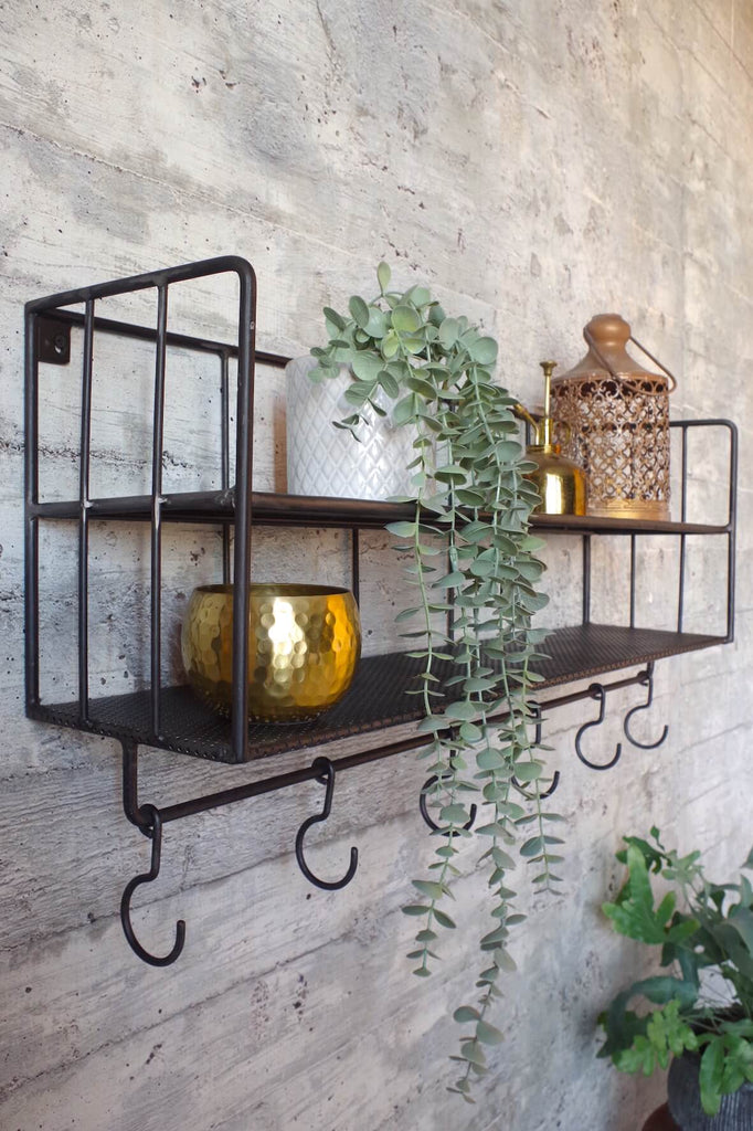 Industrial Wall Shelf with Hooks