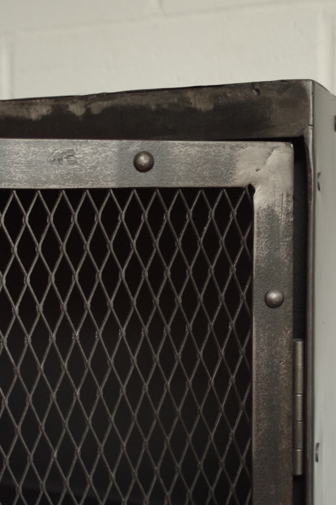 Industrial grey Mesh Cupboard with 3 shelves and lockable doors.