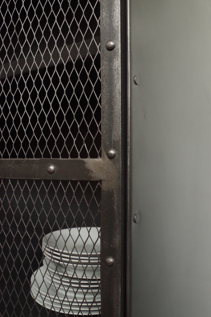 Industrial grey Mesh Cupboard with 3 shelves and lockable doors.