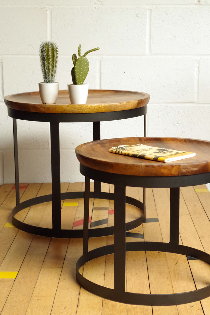 Set of 2 Round Tables. Industrial style made from metal and sold wood.
